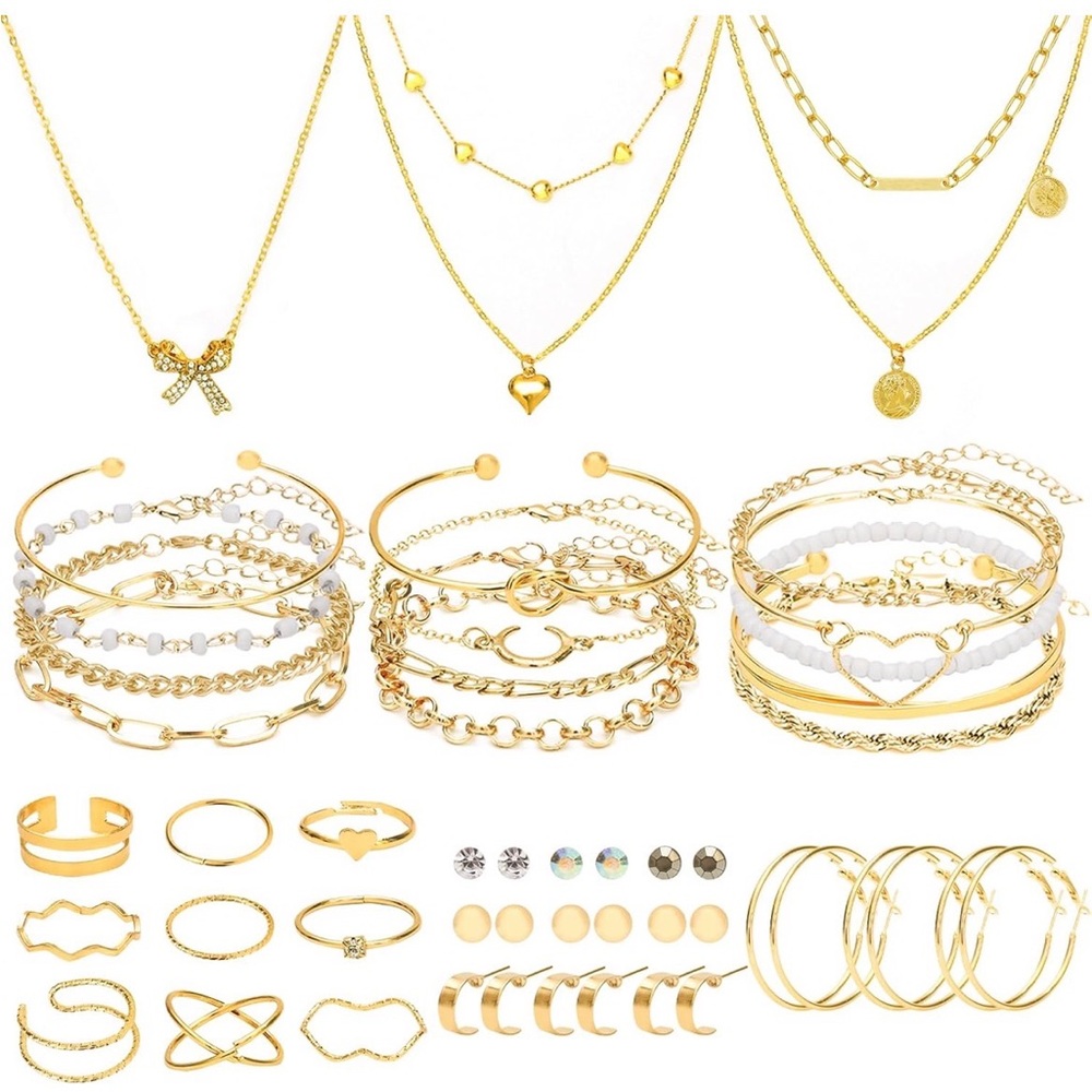 Fashion Jewelry Gold-Tone Layered Necklace and Bracelet Set